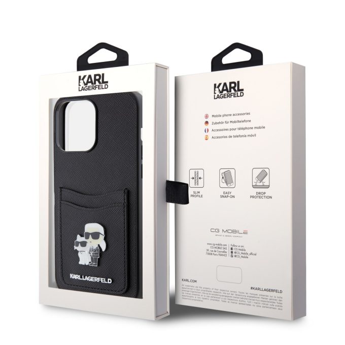 iPhone 15 PRO MAX black Saffiano Cardslots Metal PIN KARL LAGERFELD nugarėlė