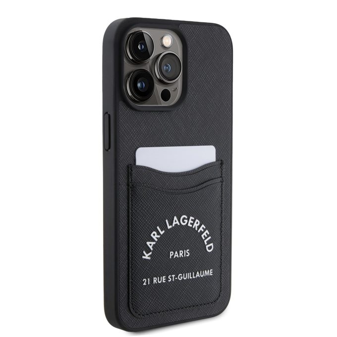 iPhone 15 PRO MAX black Saffiano Cardslots RSG 3D Logo KARL LAGERFELD nugarėlė