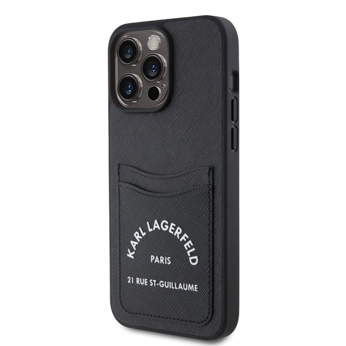 iPhone 15 PRO MAX black Saffiano Cardslots RSG 3D Logo KARL LAGERFELD nugarėlė