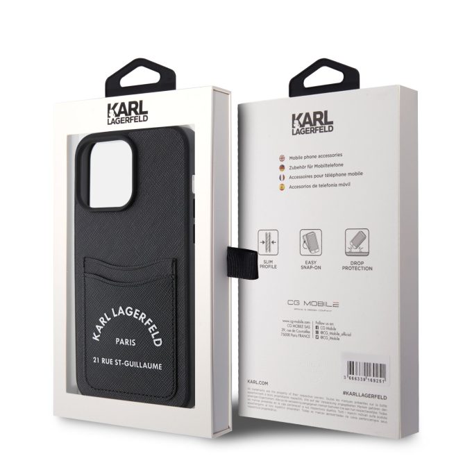 iPhone 15 PRO MAX black Saffiano Cardslots RSG 3D Logo KARL LAGERFELD nugarėlė