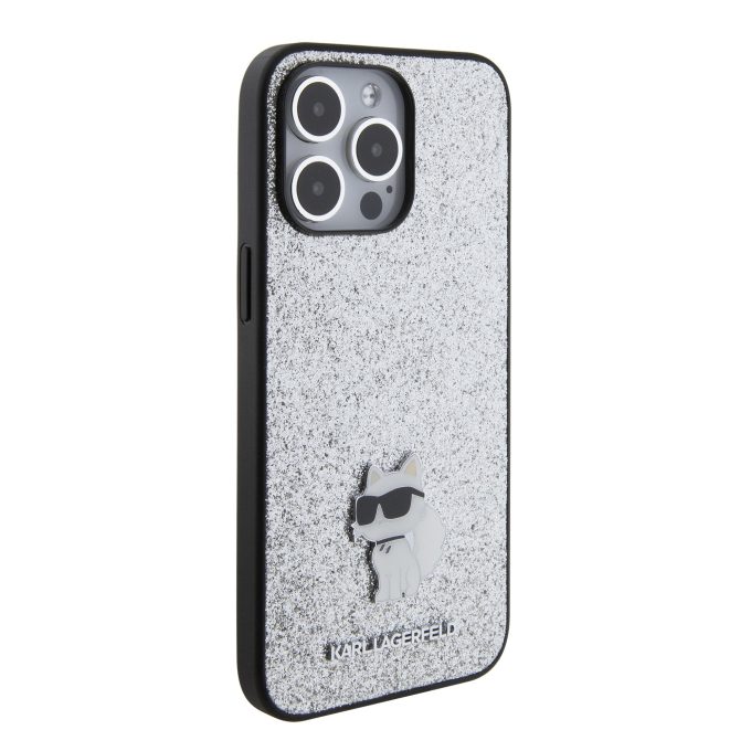 iPhone 15 PRO MAX silver Fixed Glitter Metal PIN KARL LAGERFELD nugarėlė