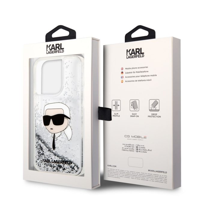 iPhone 15 PRO MAX silver Liquid Glitter Karl Head KARL LAGERFELD nugarėlė