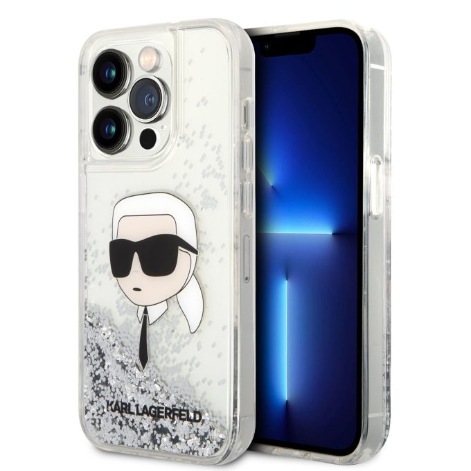 iPhone 15 PRO MAX silver Liquid Glitter Karl Head KARL LAGERFELD nugarėlė