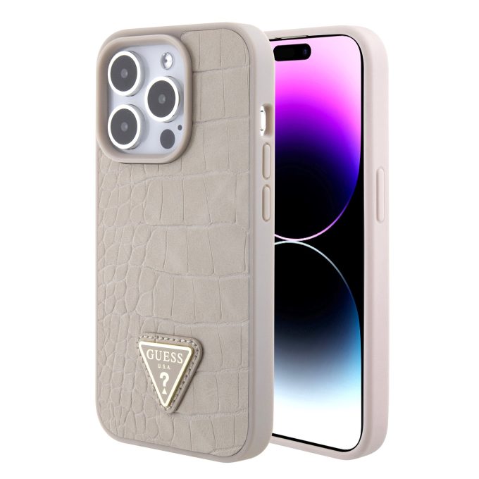 iPhone 15 PRO MAX taupe PU Leather Croco Logo Bundle Charm GUESS nugarėlė