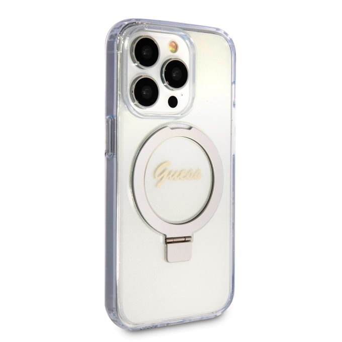 iPhone 15 PRO MAX transparent Glitter Ring Stand Script Logo MagSafe GUESS nugarėlė