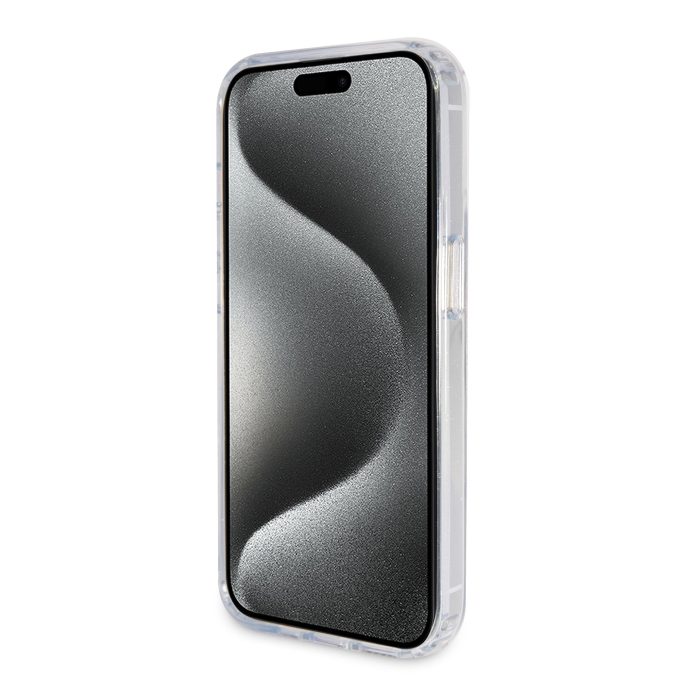 iPhone 15 PRO MAX transparent Glitter Ring Stand Script Logo MagSafe GUESS nugarėlė