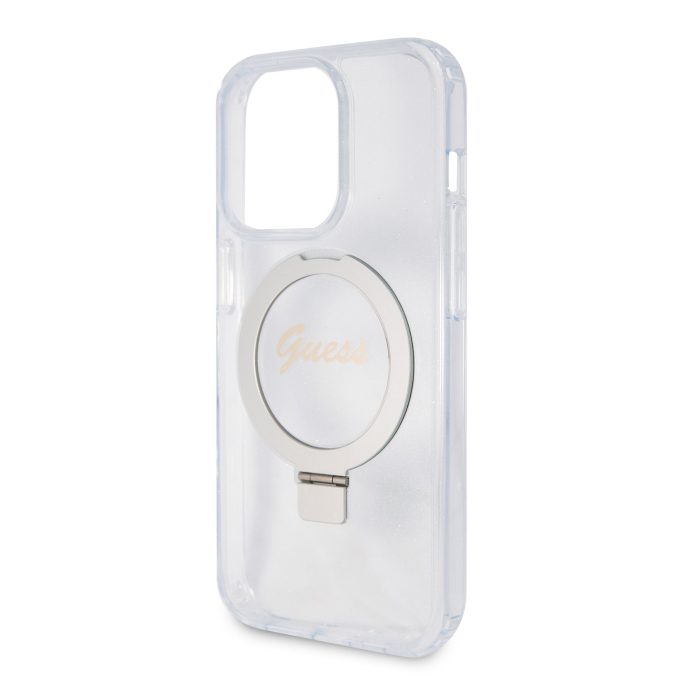 iPhone 15 PRO MAX transparent Glitter Ring Stand Script Logo MagSafe GUESS nugarėlė