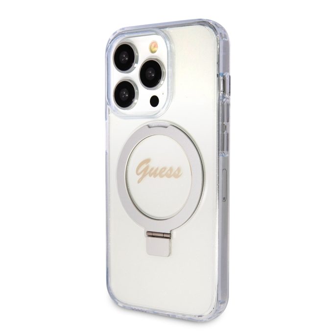 iPhone 15 PRO MAX transparent Glitter Ring Stand Script Logo MagSafe GUESS nugarėlė