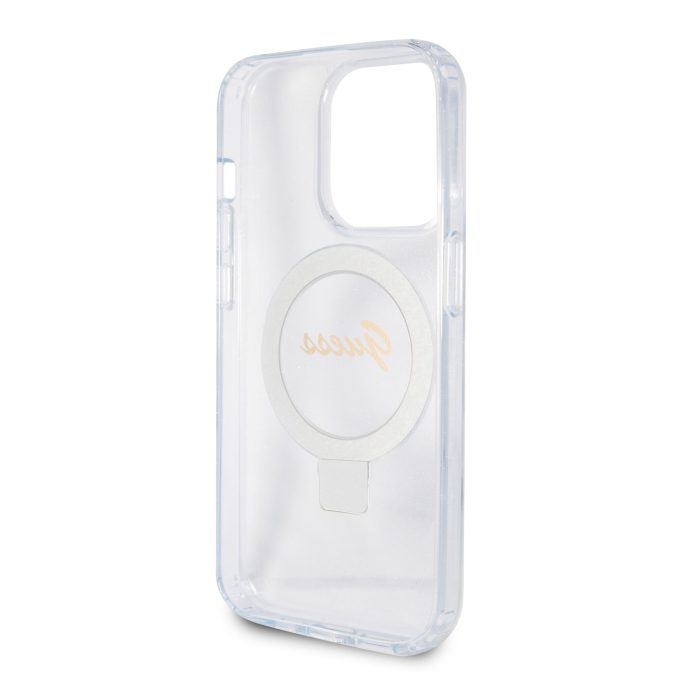 iPhone 15 PRO MAX transparent Glitter Ring Stand Script Logo MagSafe GUESS nugarėlė