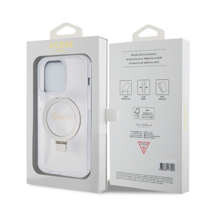 iPhone 15 PRO MAX transparent Glitter Ring Stand Script Logo MagSafe GUESS nugarėlė