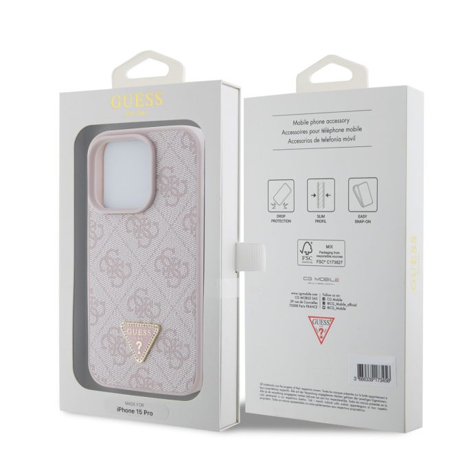iPhone 15 PRO pink Strass Triangle Metal Logo GUESS nugarėlė