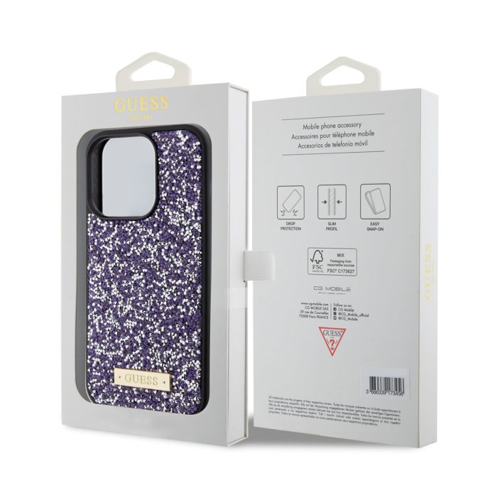 iPhone 15 PRO purple Rhinestone Metal Logo GUESS nugarėlė