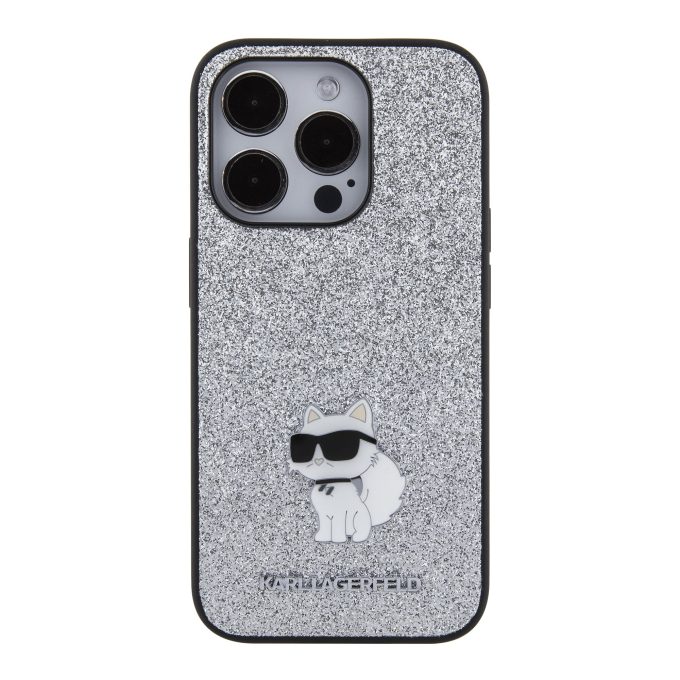 iPhone 15 PRO silver Fixed Glitter Metal PIN KARL LAGERFELD nugarėlė