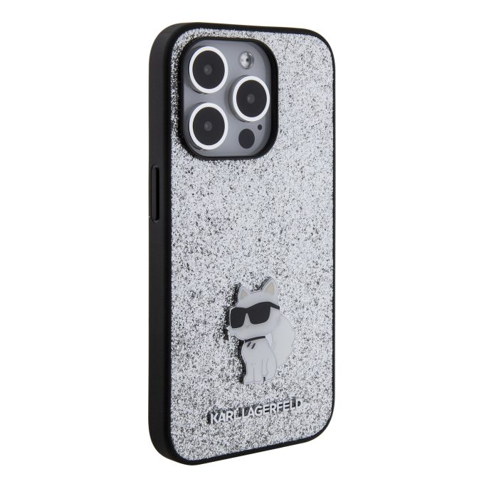 iPhone 15 PRO silver Fixed Glitter Metal PIN KARL LAGERFELD nugarėlė