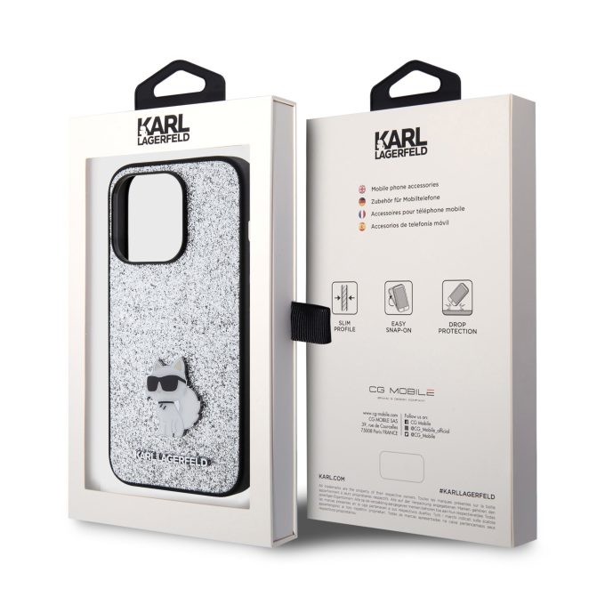 iPhone 15 PRO silver Fixed Glitter Metal PIN KARL LAGERFELD nugarėlė