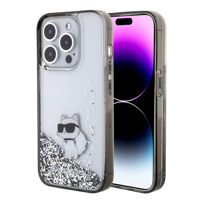 iPhone 15 PRO silver Liquid Glitter Choupette KARL LAGERFELD nugarėlė
