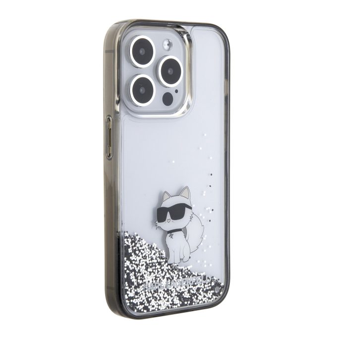 iPhone 15 PRO silver Liquid Glitter Choupette KARL LAGERFELD nugarėlė