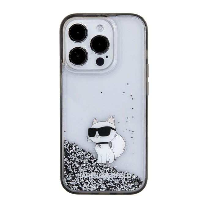 iPhone 15 PRO silver Liquid Glitter Choupette KARL LAGERFELD nugarėlė