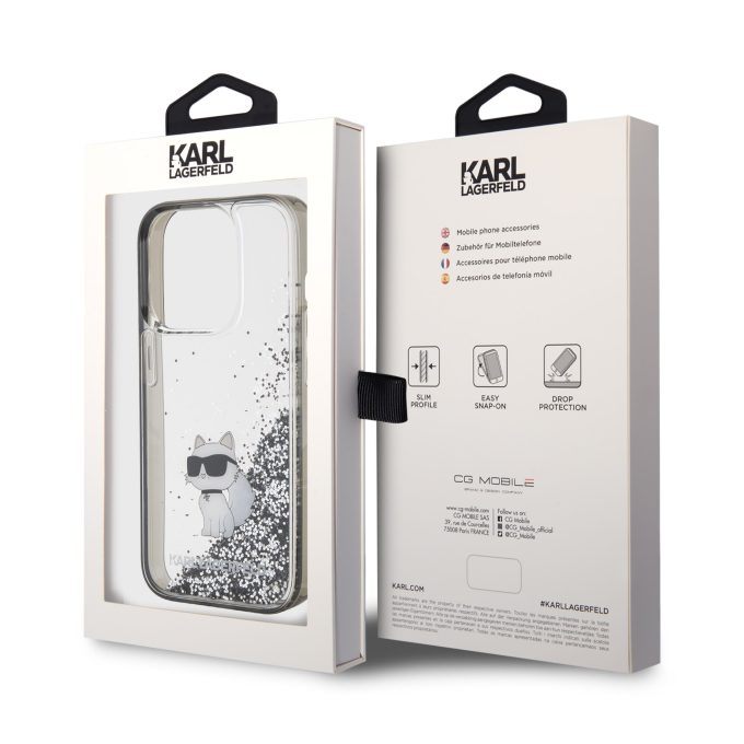 iPhone 15 PRO silver Liquid Glitter Choupette KARL LAGERFELD nugarėlė