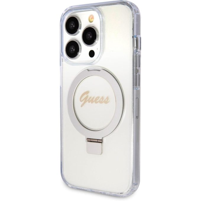 iPhone 15 PRO transparent Glitter Ring Stand Script Logo MagSafe GUESS nugarėlė