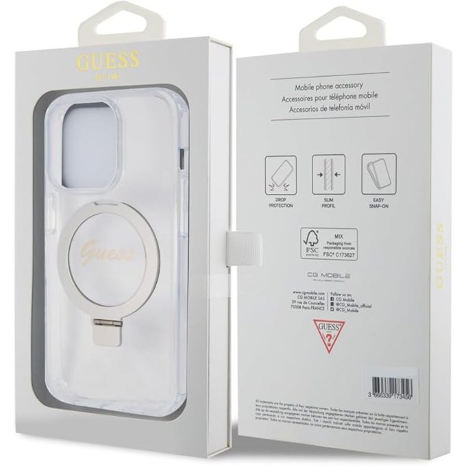 iPhone 15 PRO transparent Glitter Ring Stand Script Logo MagSafe GUESS nugarėlė