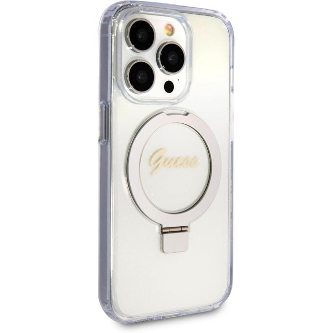 iPhone 15 PRO transparent Glitter Ring Stand Script Logo MagSafe GUESS nugarėlė