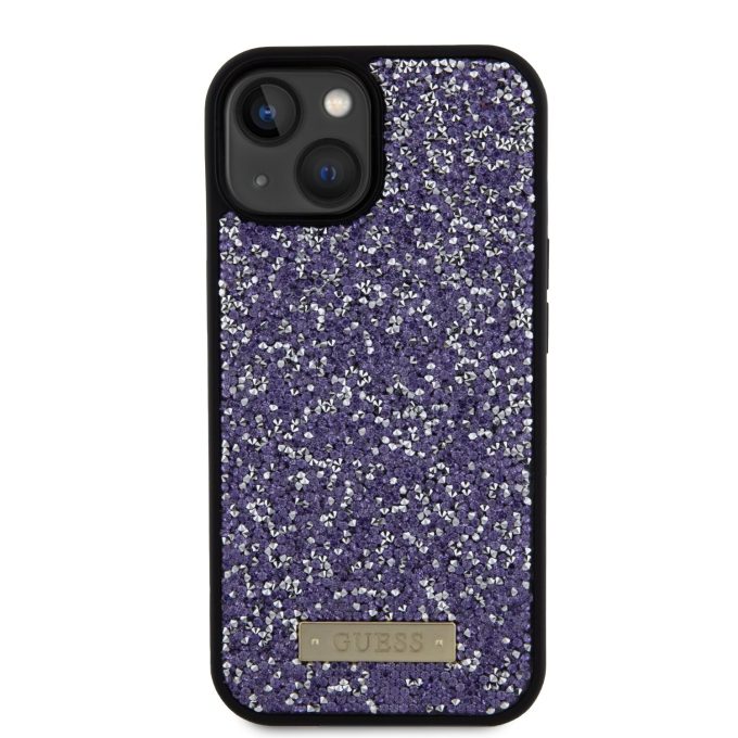 iPhone 15 / 14 / 13 purple Rhinestone Metal Logo GUESS nugarėlė