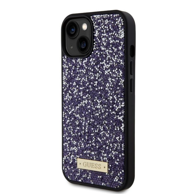 iPhone 15 / 14 / 13 purple Rhinestone Metal Logo GUESS nugarėlė