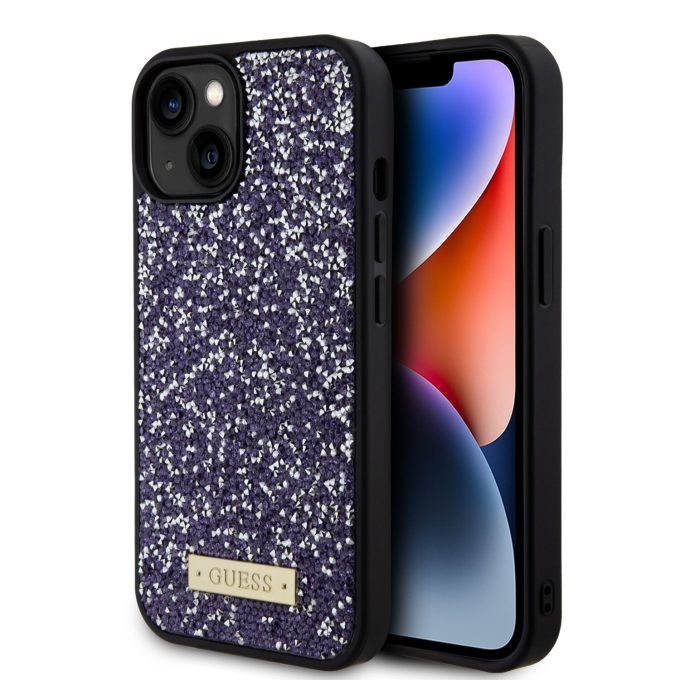 iPhone 15 / 14 / 13 purple Rhinestone Metal Logo GUESS nugarėlė