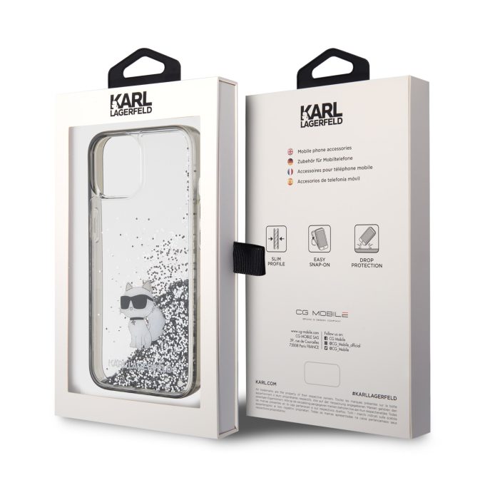 iPhone 15 / 14 / 13 silver Liquid Glitter Choupette KARL LAGERFELD nugarėlė