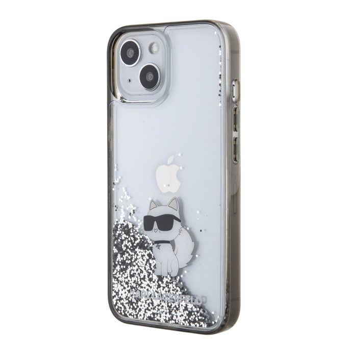 iPhone 15 / 14 / 13 silver Liquid Glitter Choupette KARL LAGERFELD nugarėlė