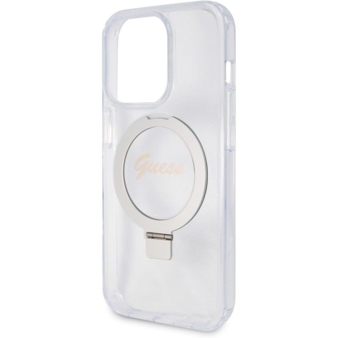 iPhone 15 / 14 / 13 transparent Glitter Ring Stand Script Logo MagSafe GUESS nugarėlė