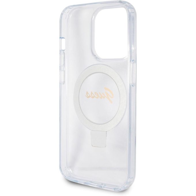 iPhone 15 / 14 / 13 transparent Glitter Ring Stand Script Logo MagSafe GUESS nugarėlė
