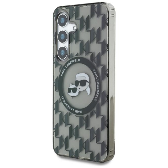 Samsung S25 black MagSafe Button Karl&Choupette Heads On KL Pattern KARL LAGERFELD nugarėlė