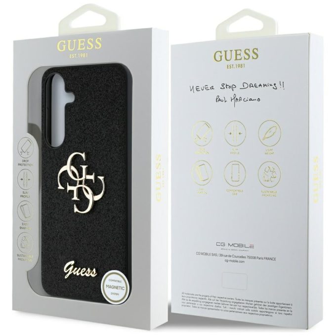 Samsung S25+ black Fixed Glitter Big 4G Metal Logo GUESS nugarėlė