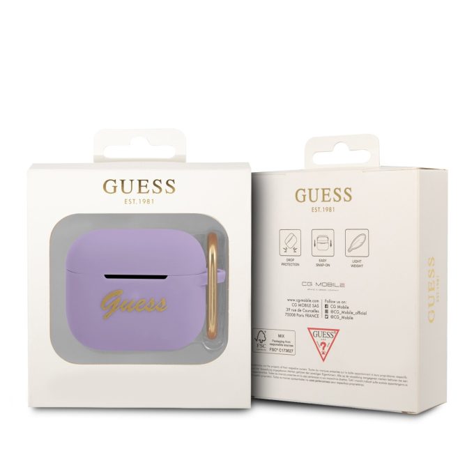 Silikoninis GUESS GUA3SLSMP violetinis Airpods 3 dėklas