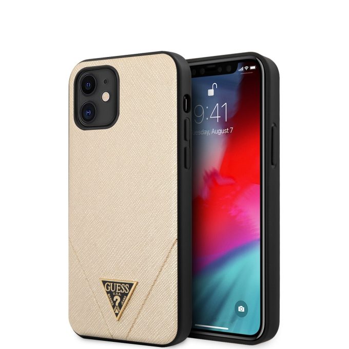 iPhone 12 MINI aukso spalvos GUESS nugarėlė GUHCP12SVSATMLLG