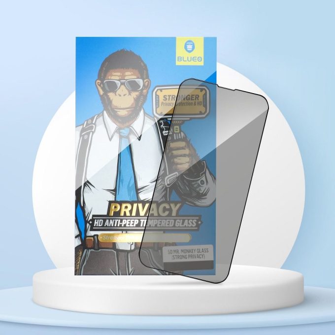 iPhone 12 MINI juodas pilnas Mr. Monkey 5D PRIVACY stiklas