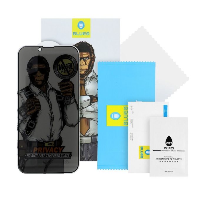 iPhone 12 MINI juodas pilnas Mr. Monkey 5D PRIVACY stiklas