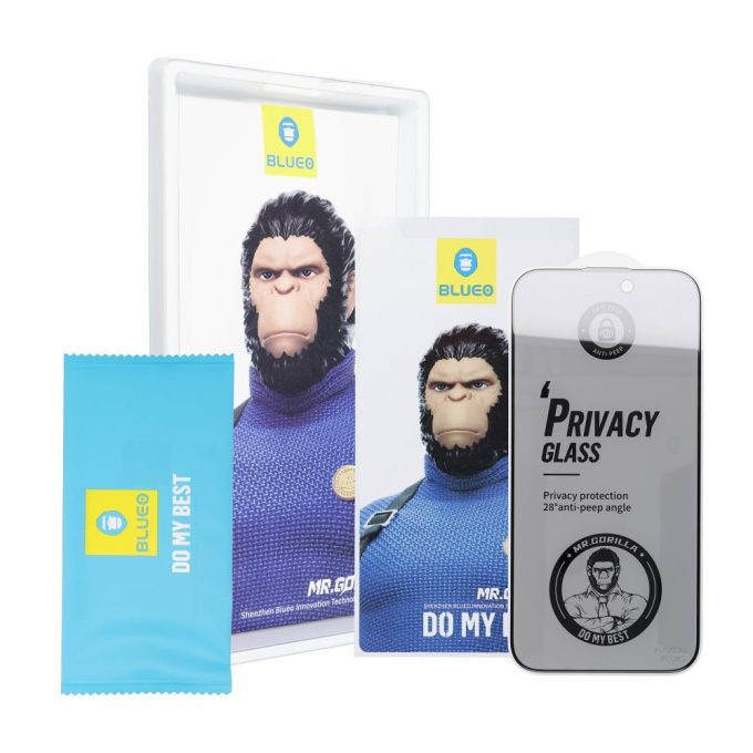 iPhone 13 MINI juodas pilnas Mr. Monkey 5D PRIVACY stiklas