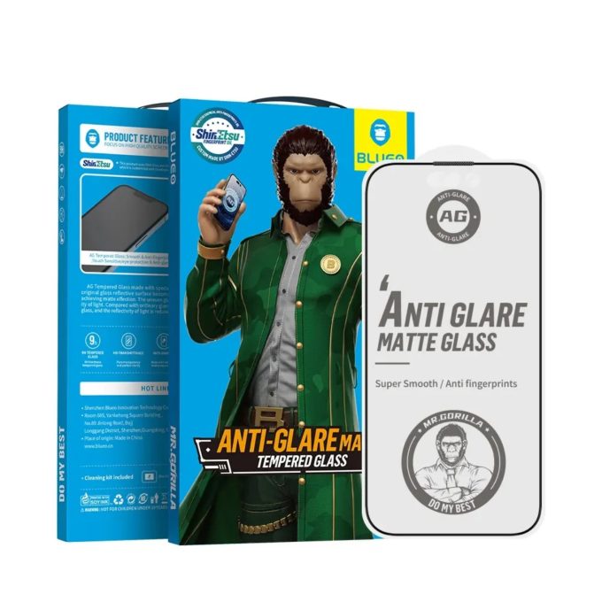 iPhone 13 / 13 PRO / 14 / 16e / 17e juodas pilnas Mr.Monkey 5D MATTE stiklas