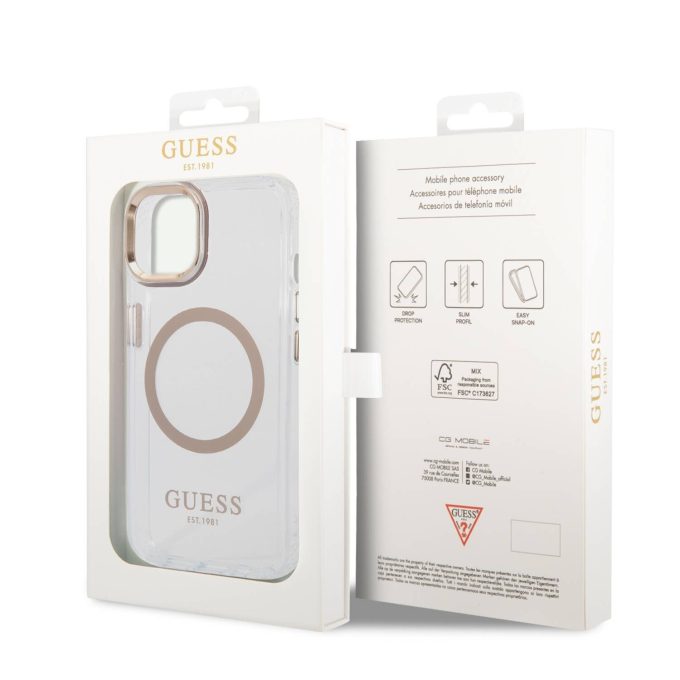 iPhone 14 PLUS skaidri + aukso spalvos Magsafe GUESS nugarėlė GUHMP14MHTRMD