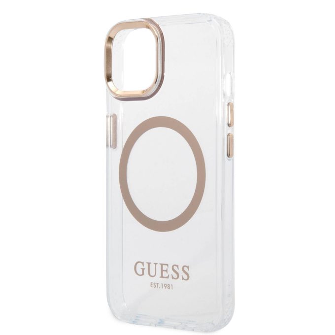 iPhone 14 PLUS skaidri + aukso spalvos Magsafe GUESS nugarėlė GUHMP14MHTRMD