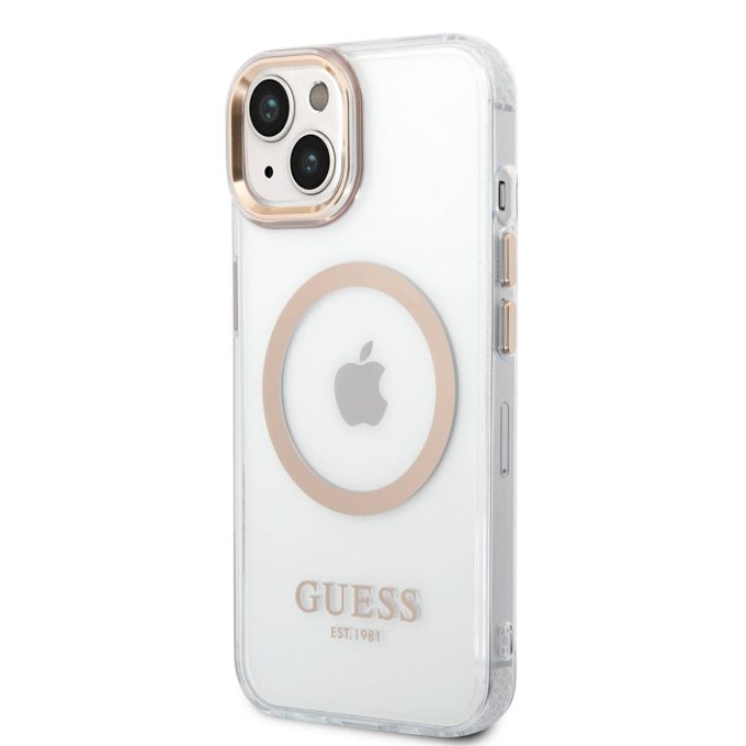 iPhone 14 PLUS skaidri + aukso spalvos Magsafe GUESS nugarėlė GUHMP14MHTRMD