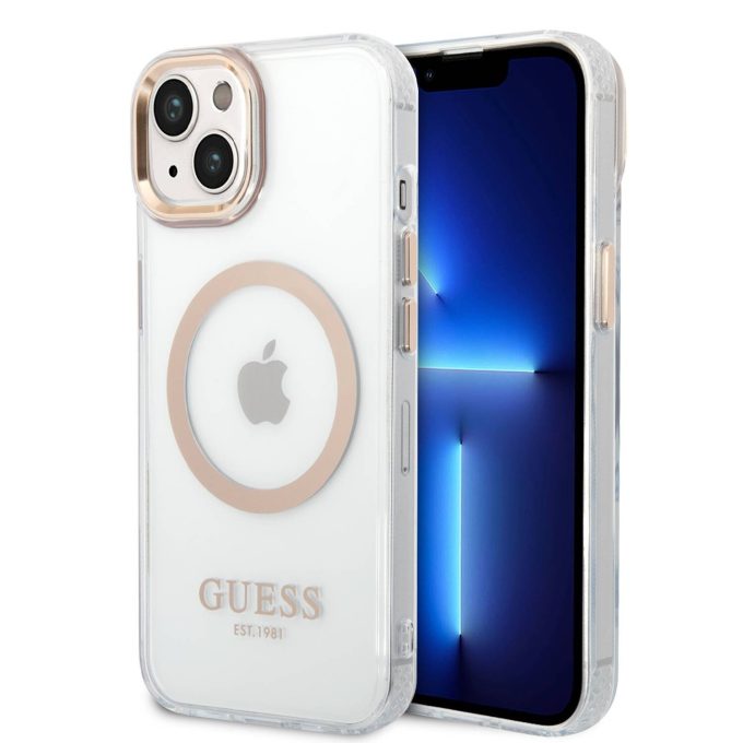 iPhone 14 PLUS skaidri + aukso spalvos Magsafe GUESS nugarėlė GUHMP14MHTRMD