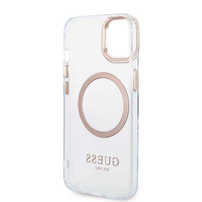 iPhone 14 PLUS skaidri + aukso spalvos Magsafe GUESS nugarėlė GUHMP14MHTRMD