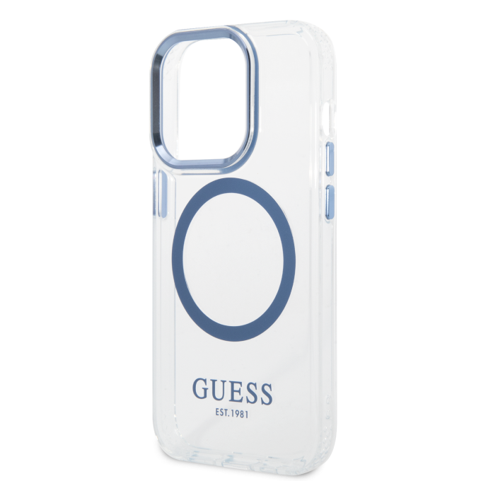 iPhone 14 PLUS skaidri + mėlyna Magsafe GUESS nugarėlė GUHMP14MHTRMB