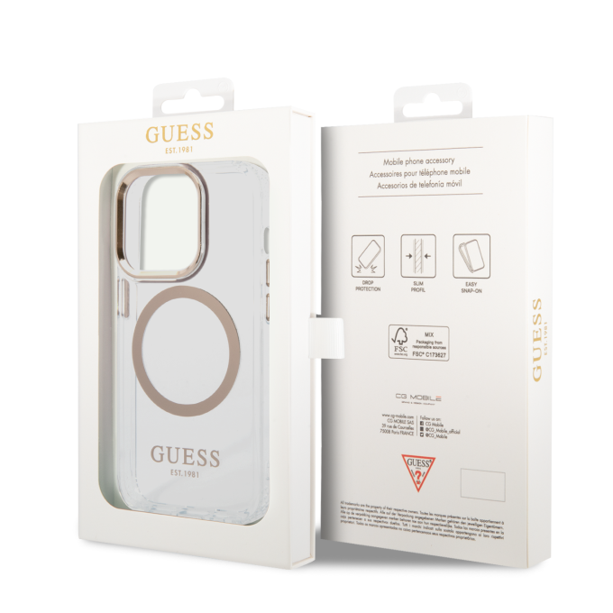 iPhone 14 PRO MAX skaidri + aukso spalvos Magsafe GUESS nugarėlė GUHMP14XHTRMD