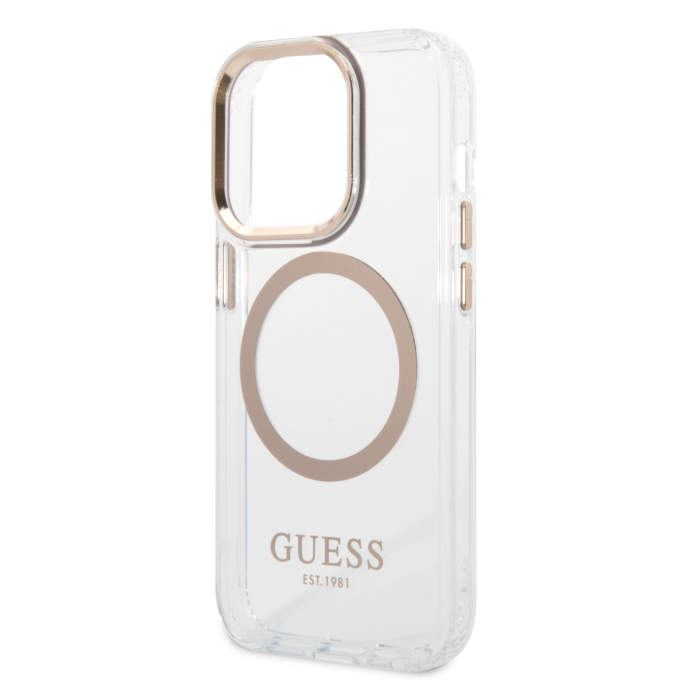 iPhone 14 PRO MAX skaidri + aukso spalvos Magsafe GUESS nugarėlė GUHMP14XHTRMD
