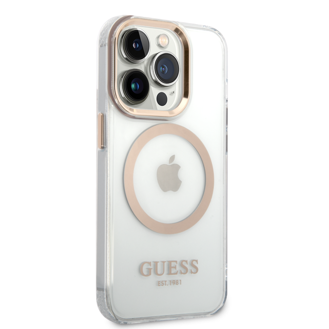 iPhone 14 PRO MAX skaidri + aukso spalvos Magsafe GUESS nugarėlė GUHMP14XHTRMD